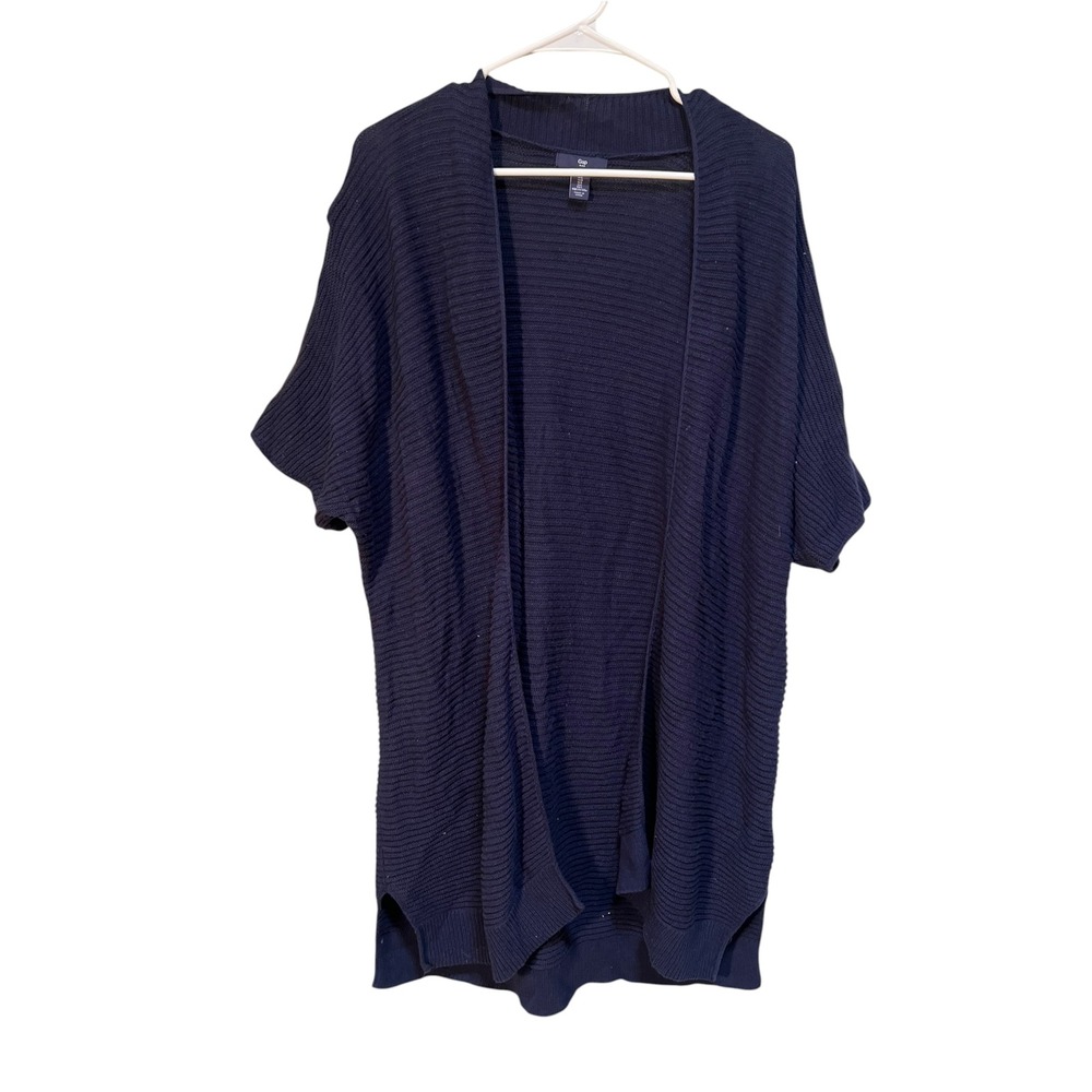 Gap Womens Size Large Short Sleeve Open Front Duster Cardigan Seater Ribbed Navy
